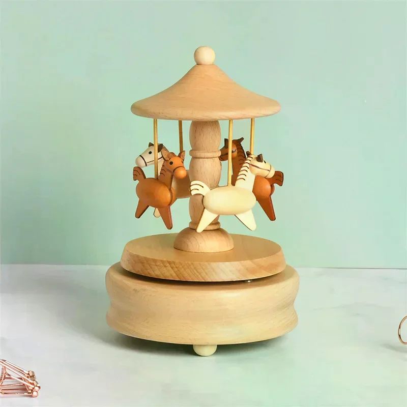 Wooden Carousel Music Box Ornaments Rotatable Hand-cranked Music Box DIY Handmade Birthday Christmas Gift Children’s Toys