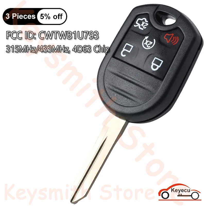 KEYECU 5 Buttons 315MHz 433MHz 4D63 Chip for Ford Flex Edge Explorer Taurus 2011 2012 2013 - 2019 Auto Remote Key Fob CWTWB1U793