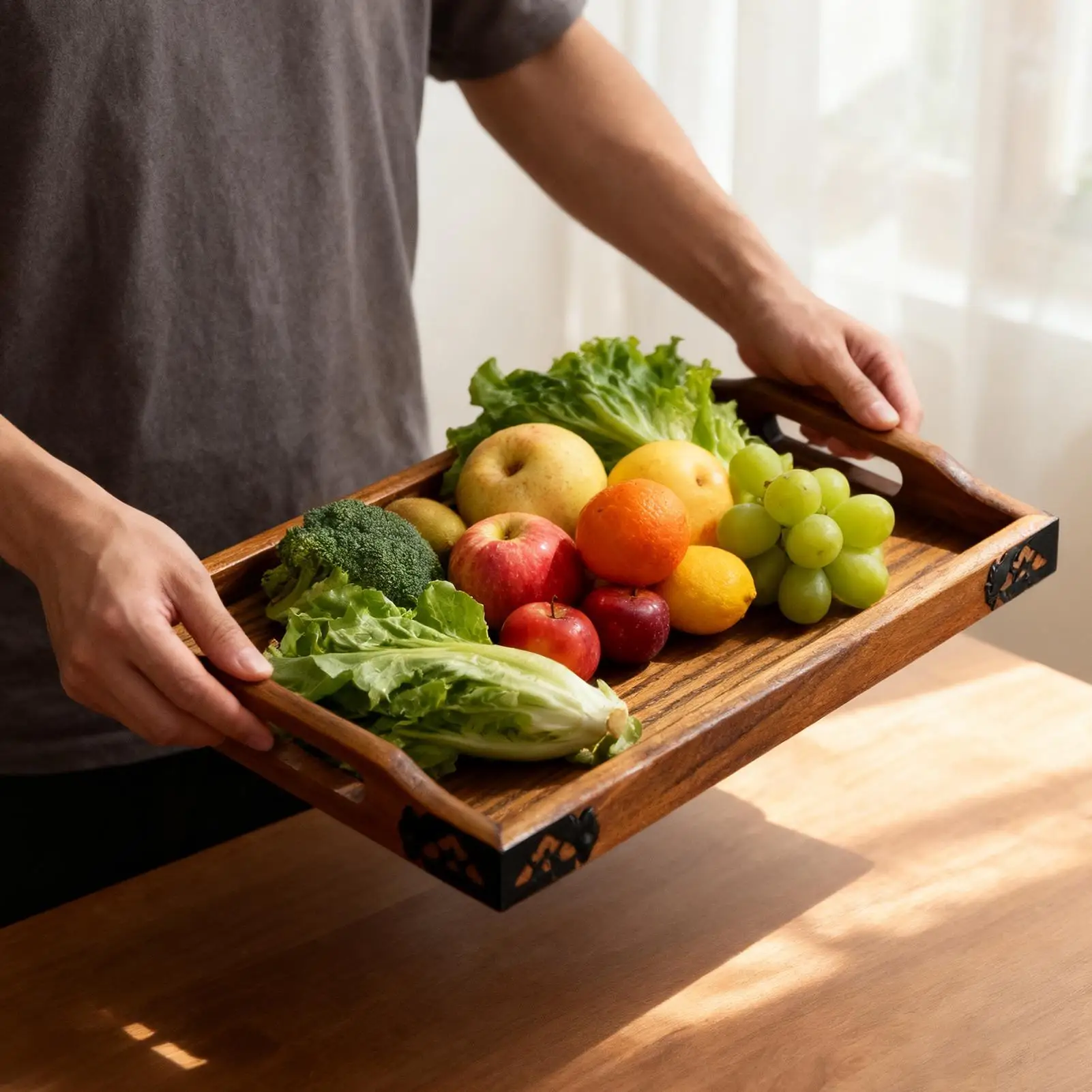 

Wooden Serving Tray with Handles Wood Tea Tray Food Tray for Breakfast Coffee Dessert Snack Platter Home Coffee Table