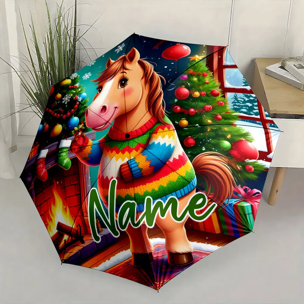 Custom Name Colorful Horse Umbrella with Christmas Design Print 8 Iron Ribs Folding Umbrella Auto-Open Fashion Sunshade