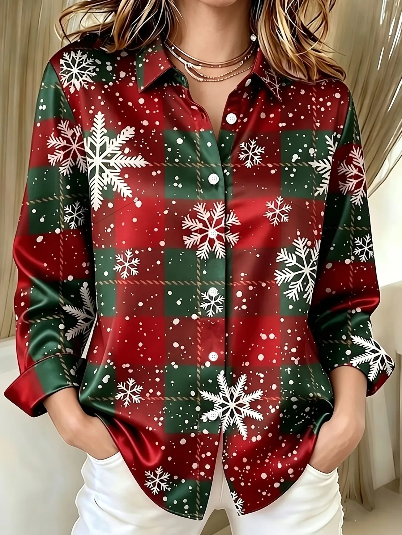 Men's Christmas long sleeved shirt with red and green checkered snowflake print collar shirt, holiday party casual top