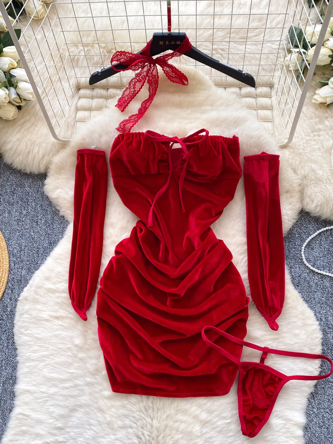 Women's Red Velvet Dress Sets Vintage Vintage Sexy Erotic G-String Thong Two Piece Suit Dress Outfit 2000s Clothes Summer 2026