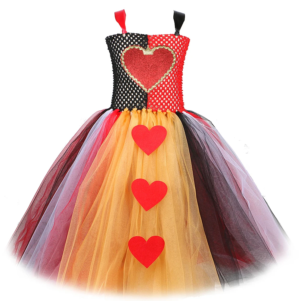 Red Queen of Hearts Costumes Girls Christmas Halloween Long Tutu Dress for Kids New Years Carnival Outfit with Gold Crown Wand