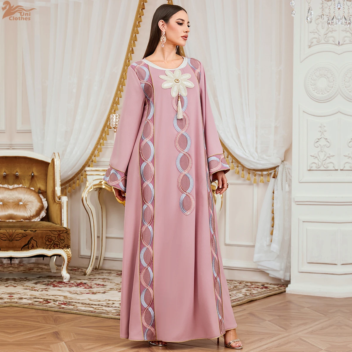 Uni Nieuwe Moslim Elegante Vrouwen Avondjurk Dubai Bloemen Borduren Maxi Abaya Kwastje Vrouwelijke Kleding 2026