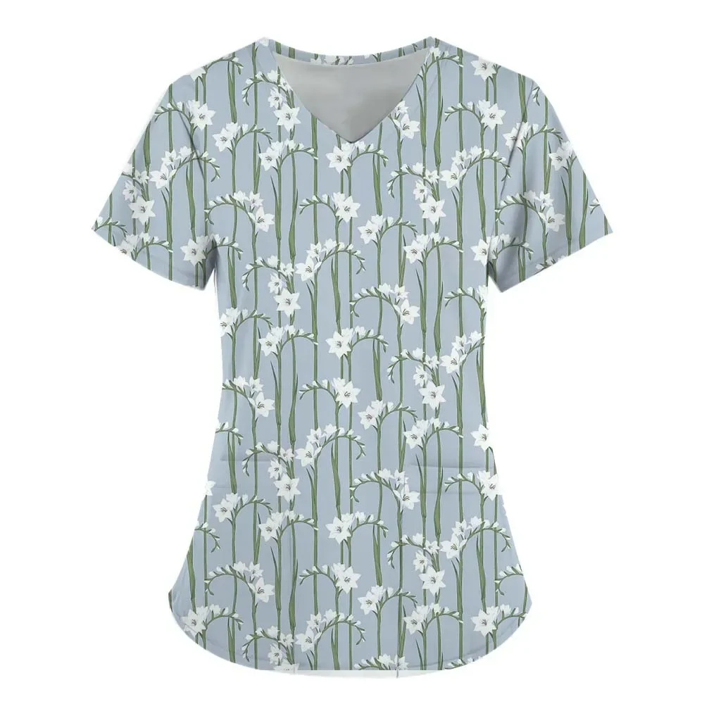 T-shirt manches courtes col V femme, estival et médical, avec poches, motif fleuri, imprimé en 3D, 152, 2025