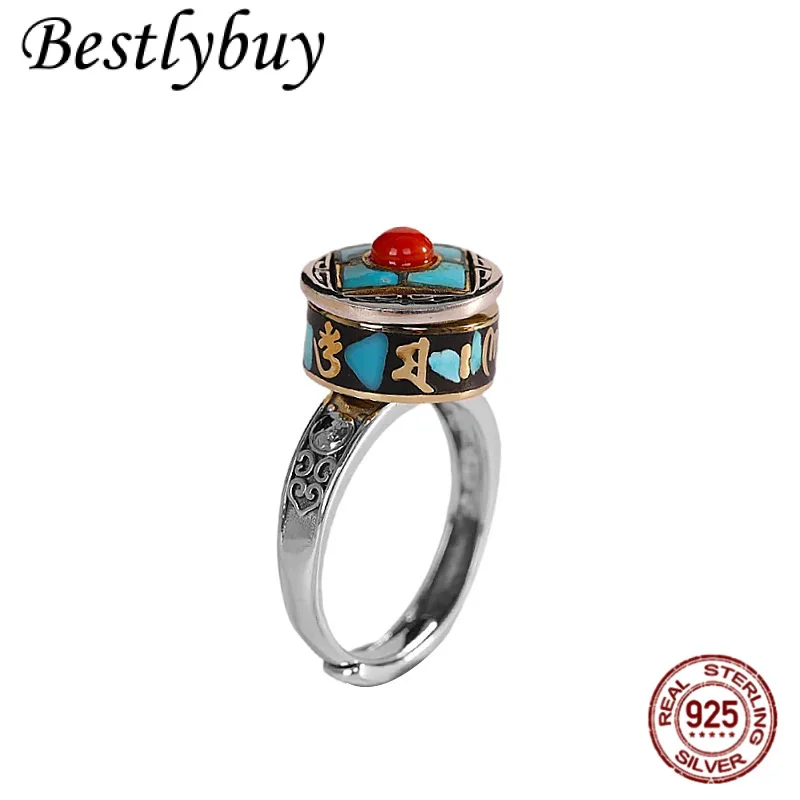 

new S925 Silver Ring, Six Character Mantra for Men and Women Southern Red Agate Ring Rotating Tibetan Thai Silver Jewelry