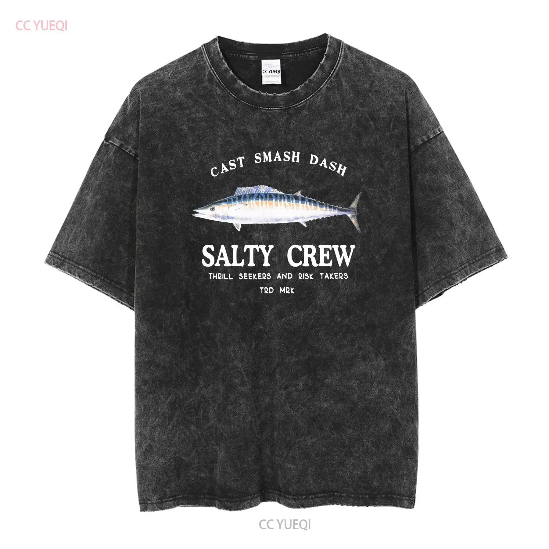 SALTY CREW STUDIO ABACHAR CAST SMASH DASH FISH FISHING TEE T SHIRT Mens M Black long or short sleeves vintage Washed homme