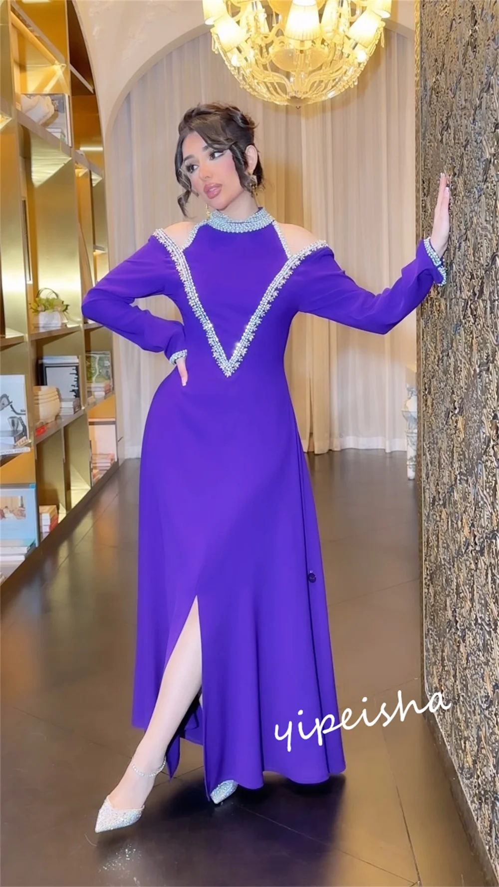 Customized Jiayigong Sparkle  Prom Satin Beading Birthday A-line High Collar Bespoke Occasion Gown Midi Dresses