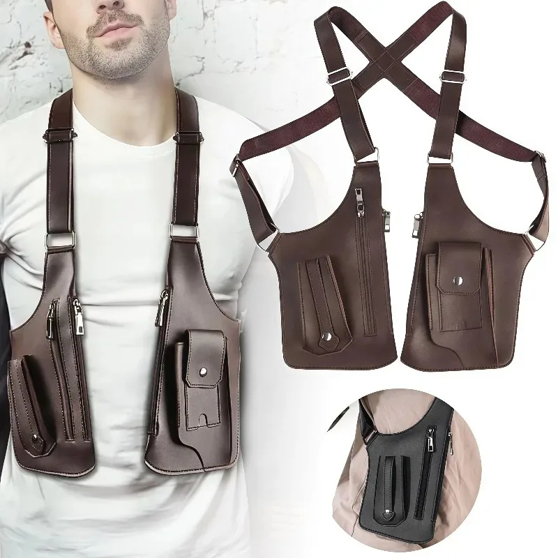 حقيبة رجالية عالية الجودة من جلد البولي يوريثان وقماش أكسفورد نمط سترة تكتيكية ، تصميم عتيق ، حقيبة الصدر/الحت/الظهر