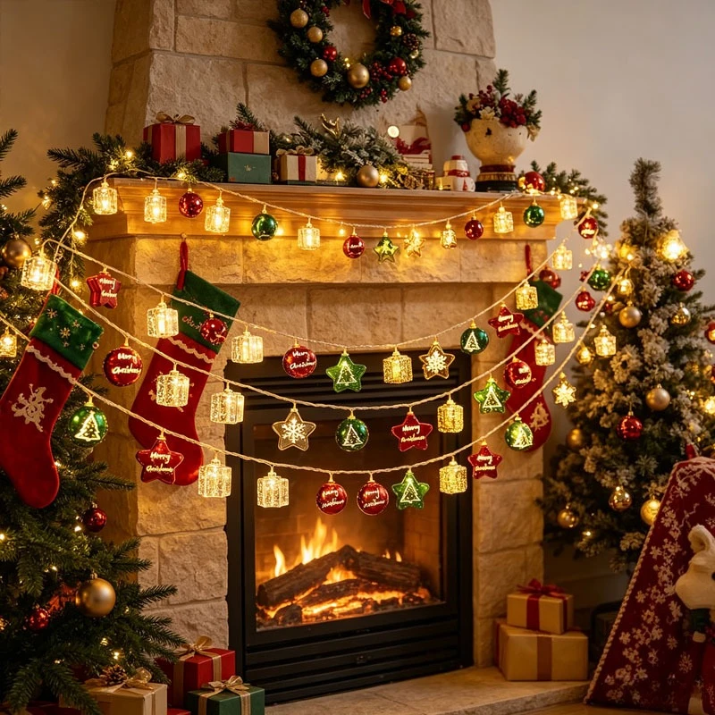 Christmas Tree String Lights Santa Claus Candy Cane Five Pointed Star Hanging Ornaments Merry Xmas Decoration for Holiday Party