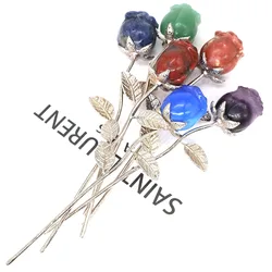 Natural Stone Crystal Rose Flower Healing Gemstone Hand Carved Crafts Home Decoration Valentines Day Gift Party Wedding Supplies