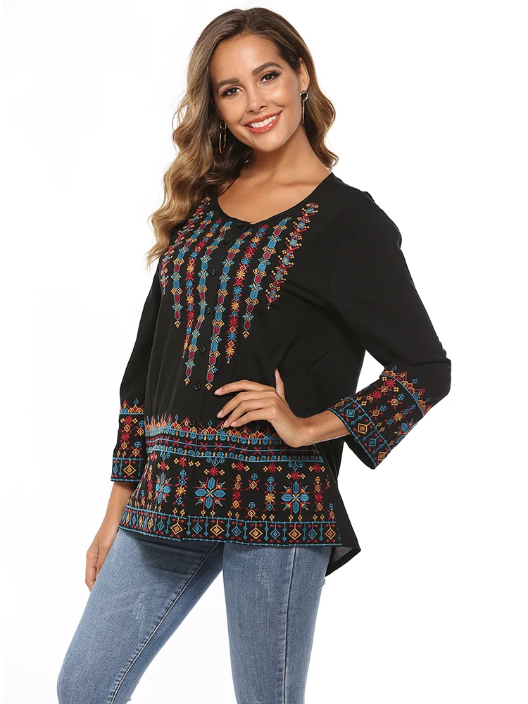 KHALEE YOSE Black Floral Embroidery Blouse Shirt Vintage Chic V-neck Women Shirt Long Sleeve 23xl Boho Striped Ladies Shirt Tops