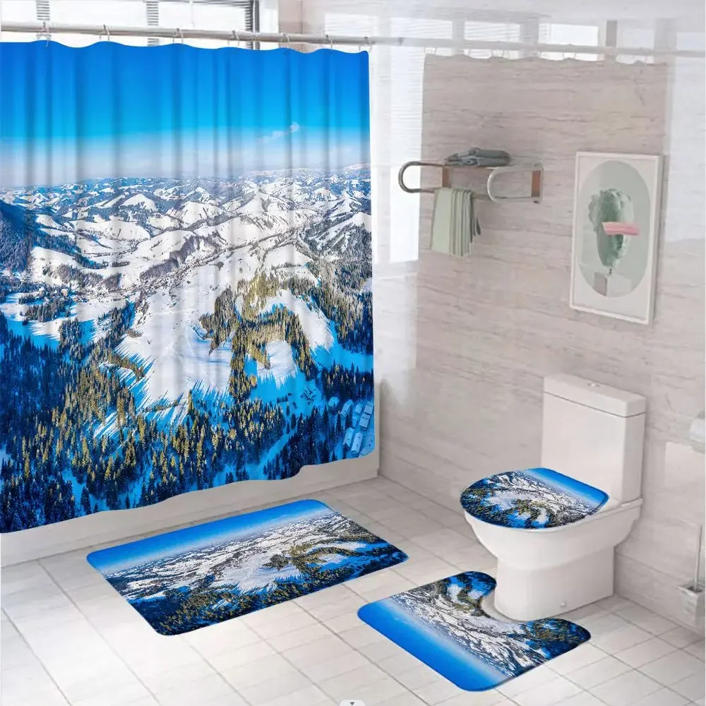 Winter Natural Scenery Shower Curtain Sets Snow Mountain Mount Fuji Cherry Blossoms Bathroom Curtains Bath Mat Toilet Cover Rugs