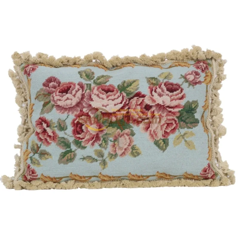 Wool American-style hand-embroidered throw pillows,  country-style, needlepoint