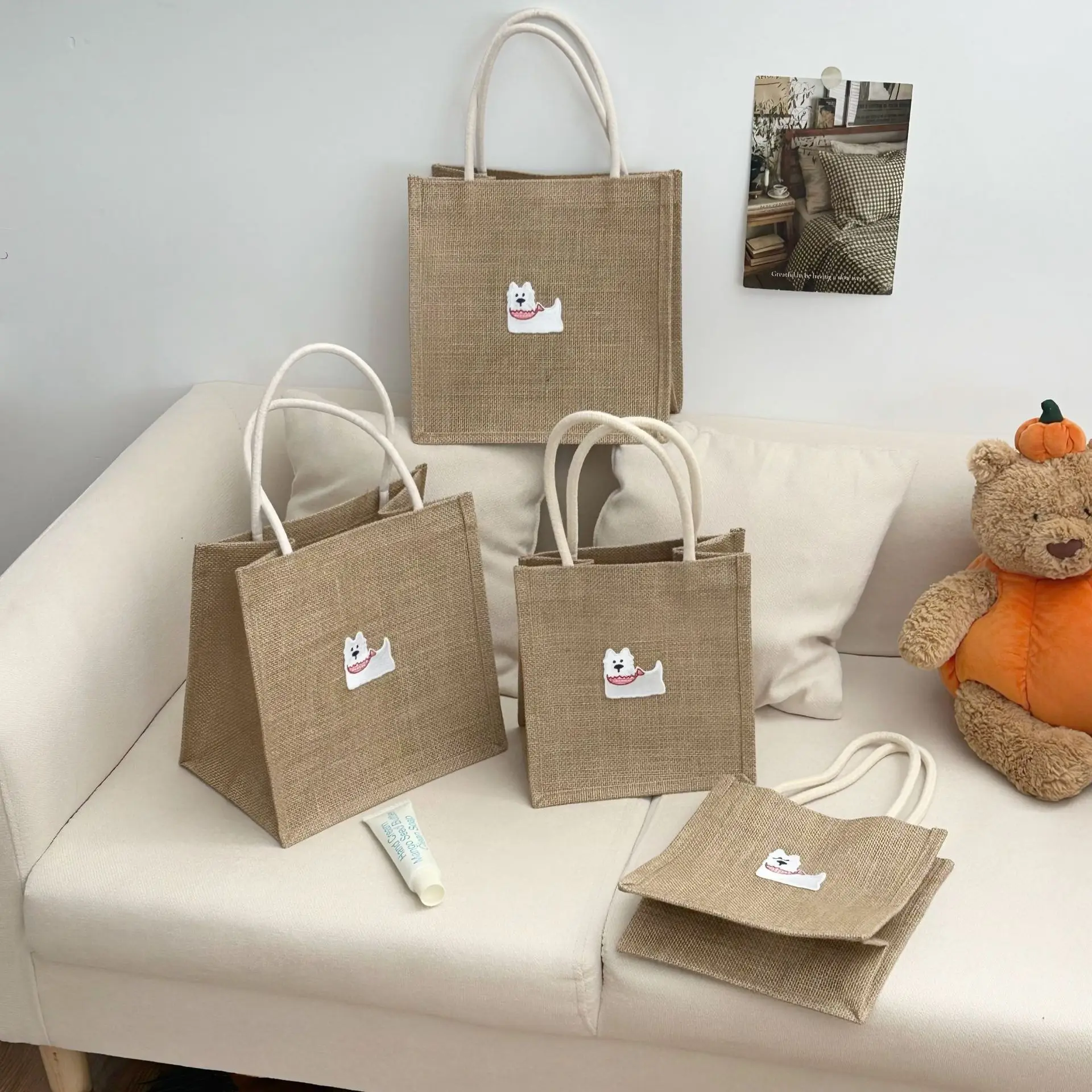 

Jute Bag Large Capacity Puppy Handbag Puppy Tote Bag Casual Beach Bag For Women'S Accessory Traveling Everyday Use