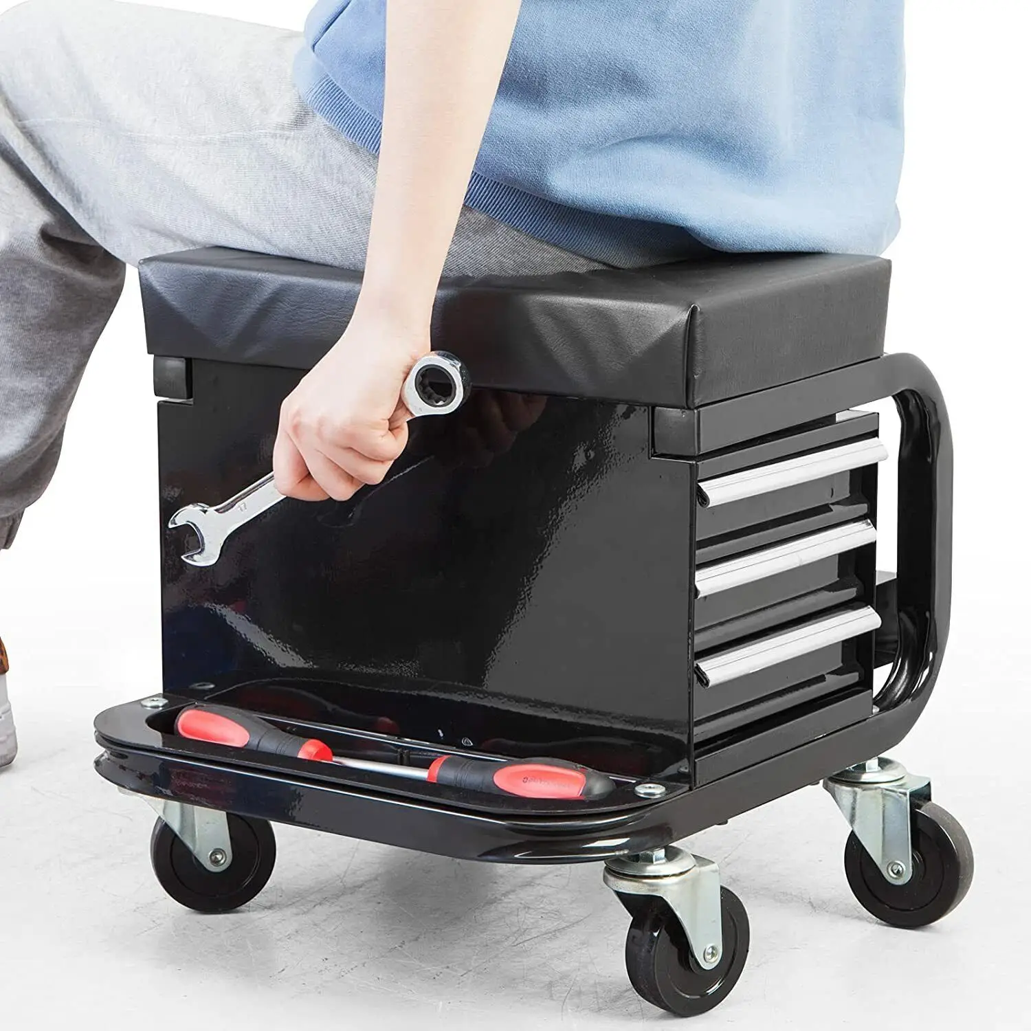 HPDMC acolchoado Mecânico Stool Tool Box com 3 gavetas e Rodas, Assento Creeper Preto, Garagem e Oficina