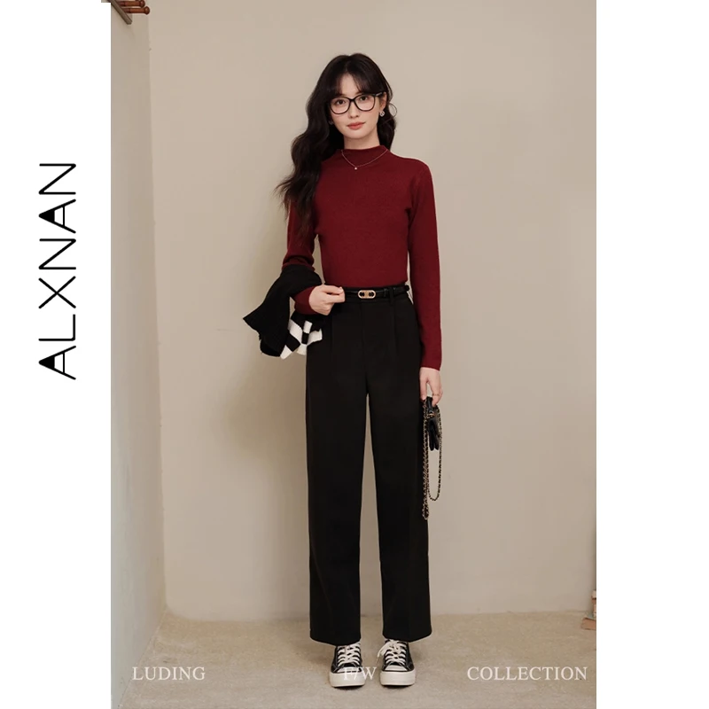 ALXNAN Plus ขนาดผู้หญิงกางเกงสีดําฤดูใบไม้ร่วงแฟชั่นตรงกางเกงขากว้างสบายๆ Office Lady Elegant Baggy กางเกง D08528-1