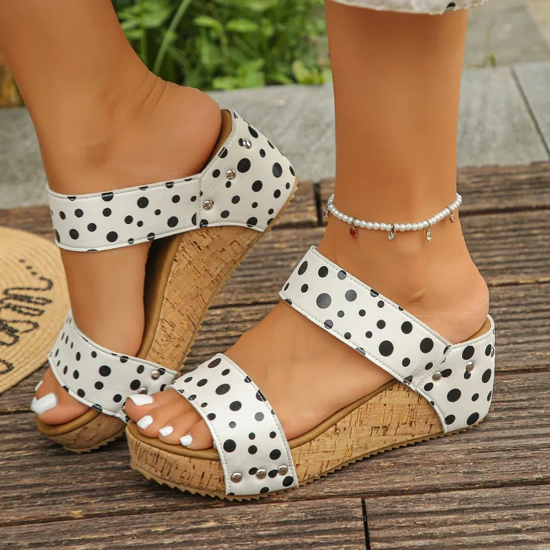 Vintage Polka Dot Two Band Wedge Sandals 6.5CM Natural Cork Sole Slip on Ladies Vacation Outdoor Lightweight Walking Heels