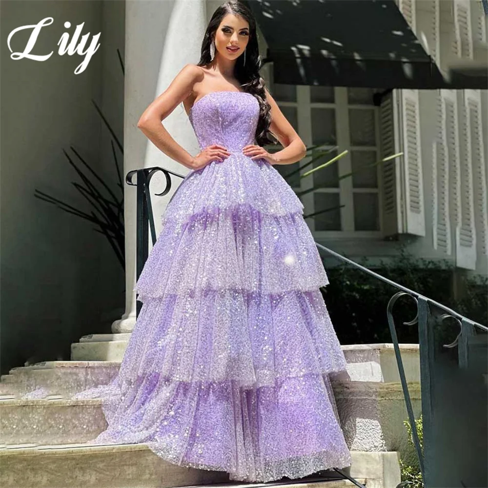 Lily Purple-vestido Formal de línea A, capa escalonada, vestido de fiesta con lentejuelas, pliegues sin tirantes, sin mangas, para ocasiones especiales