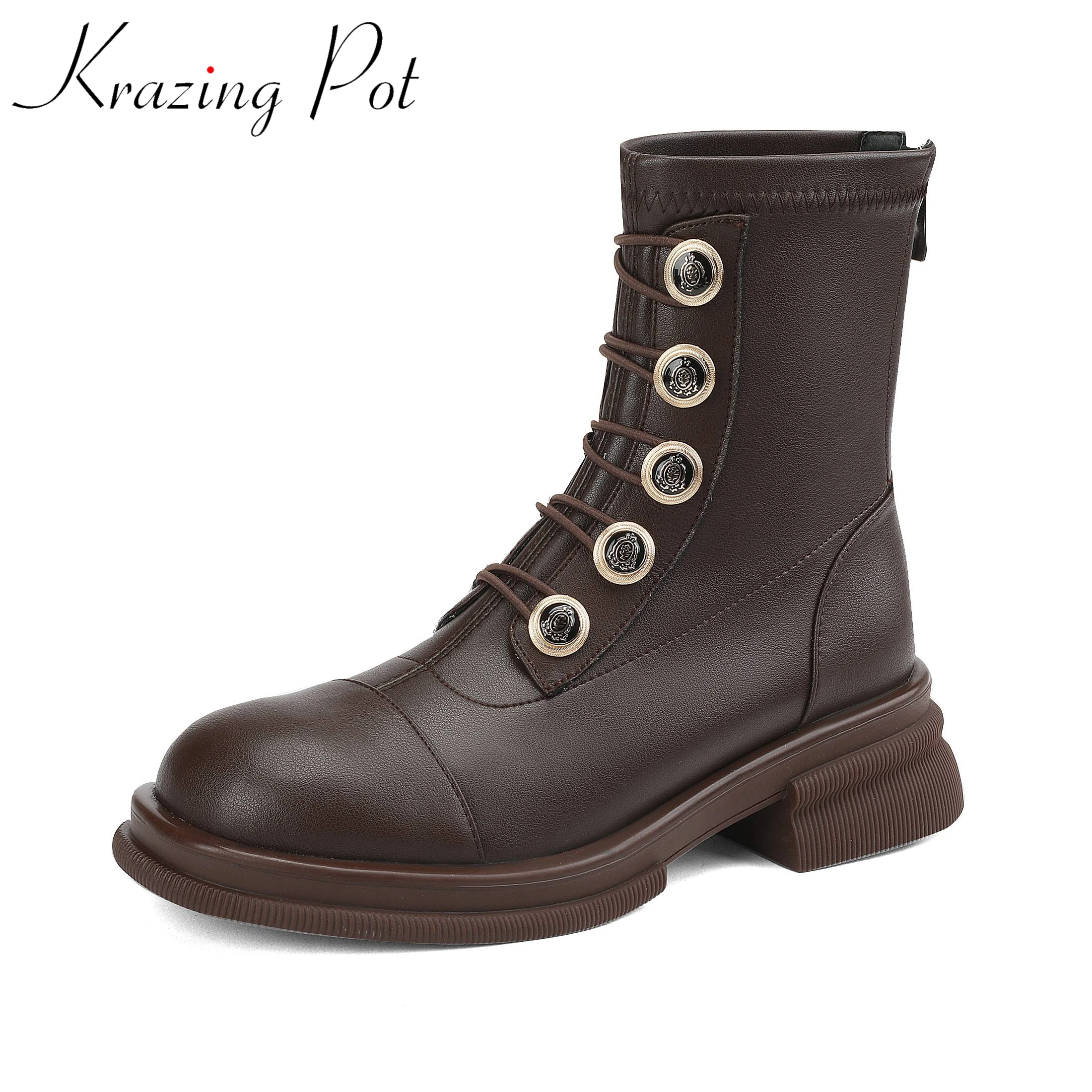 Krazing Pot Cow Leather Med Heels Metal Button Preppy Style Western Boots Winter Shoes Luxury Zip Classics Stretch Ankle Boots