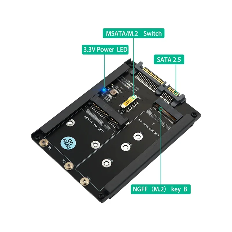 Carte adaptateur 6Gbps B + M Key M.2 NGFF SSD vers 2.5 "SATA 3.0 boîtier métallique mSATA SSD avec prise de boîtier de carte Riser mSATA M2 vers SATA