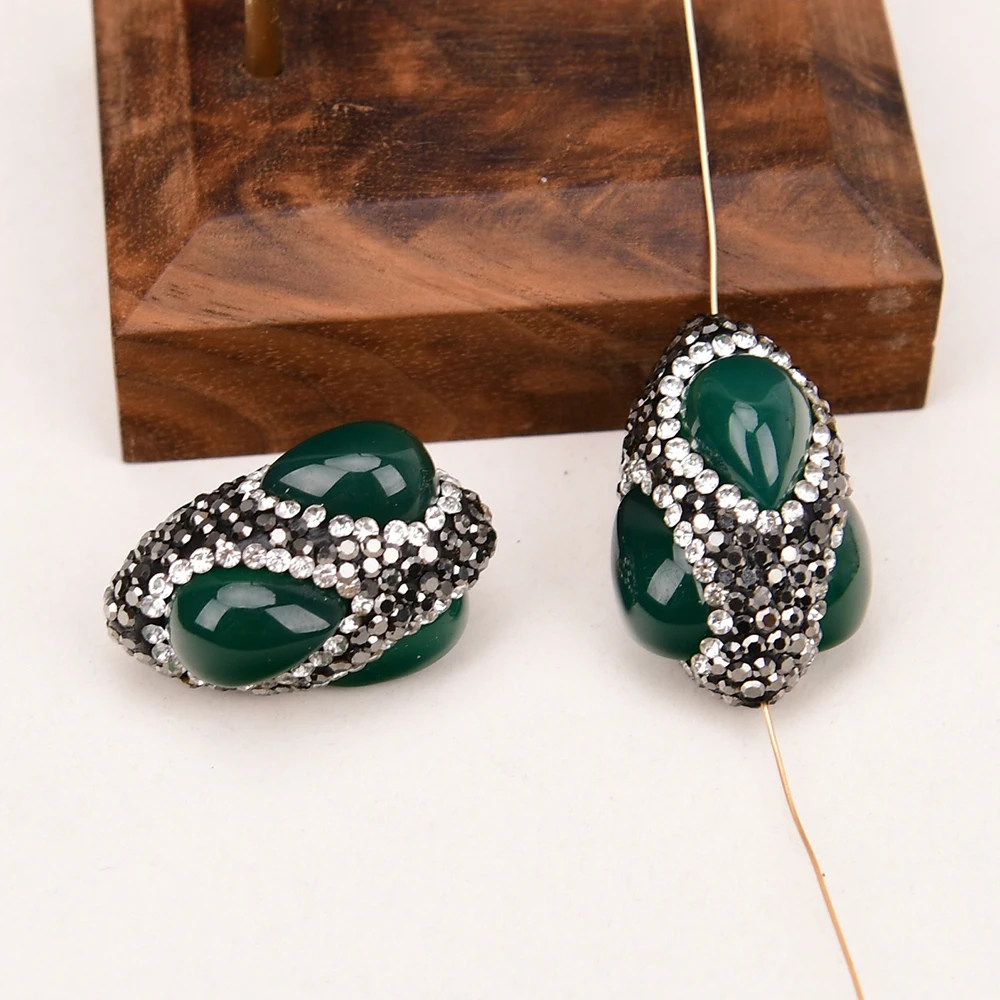 10 Pcs Natural Green Agate Crystal Rhinestone Oval Spacer Beads Jewelry Making Accessories DIY