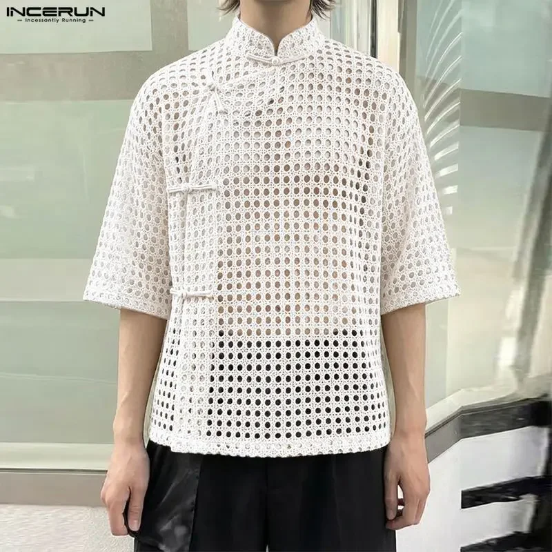 INCERUN Men's Shirt Solid Hollow Out See Through Half Sleeve Button Men Clothes Streetwear Loose 2026 Sexy Casual Shirts For Man