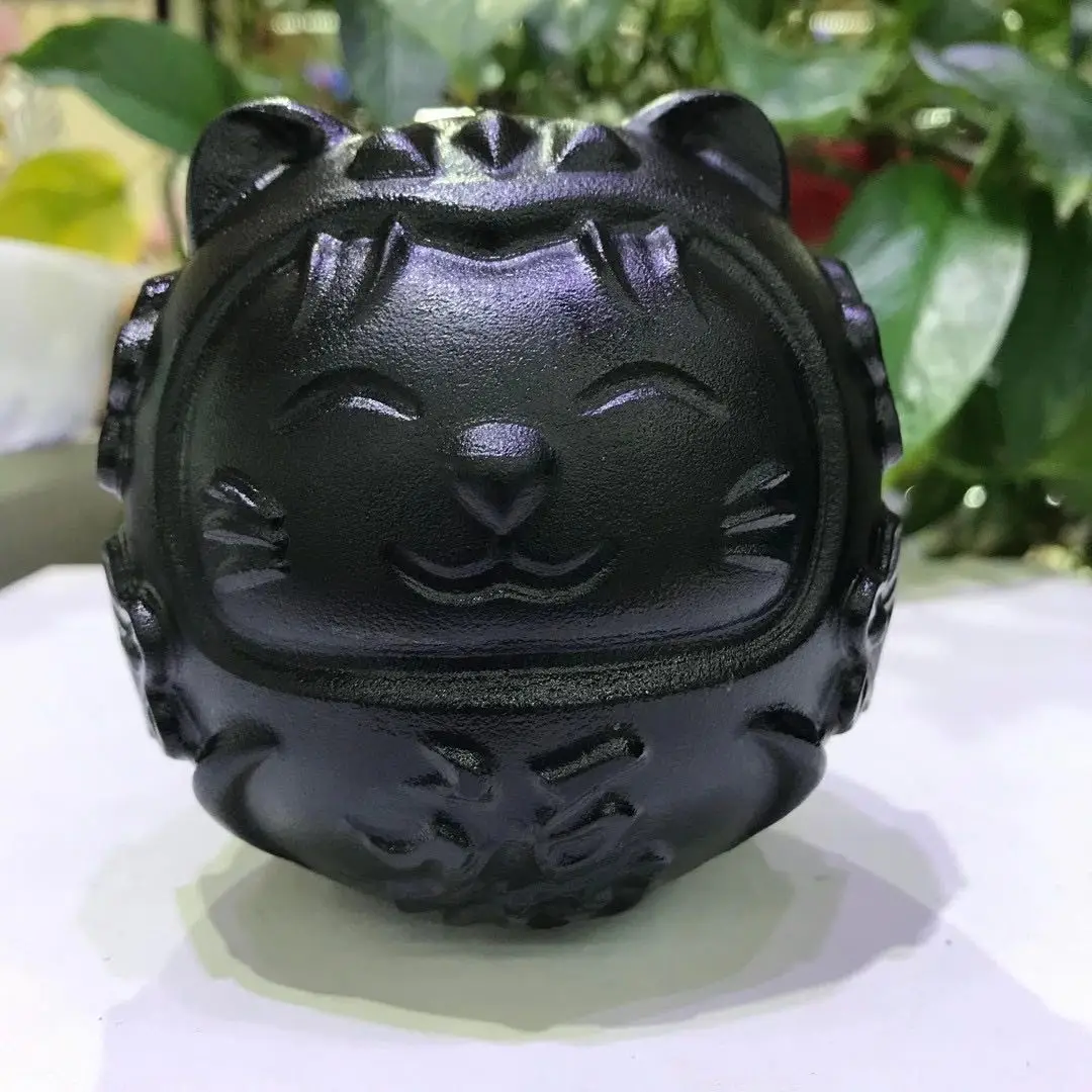 

100mm Natural Black Obsidian Crystal Dharma Cat Carving Animal Polished Statue Healing Reiki Gem Crafts For Home Decor 1pcs