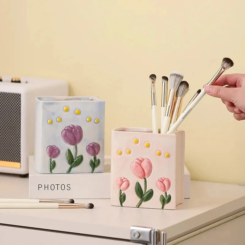 Tulip Ceramic Pen Holder | Book-Shaped 3D Relief Storage Holder | Makeup Brush Organizer and Decorative Piece