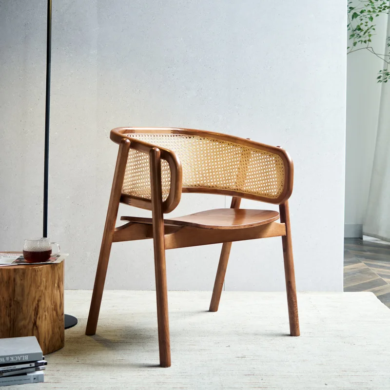 

Customizable Nordic dining home living room rattan solid wood backrest modern simple armrest makeup light luxury leisure chair