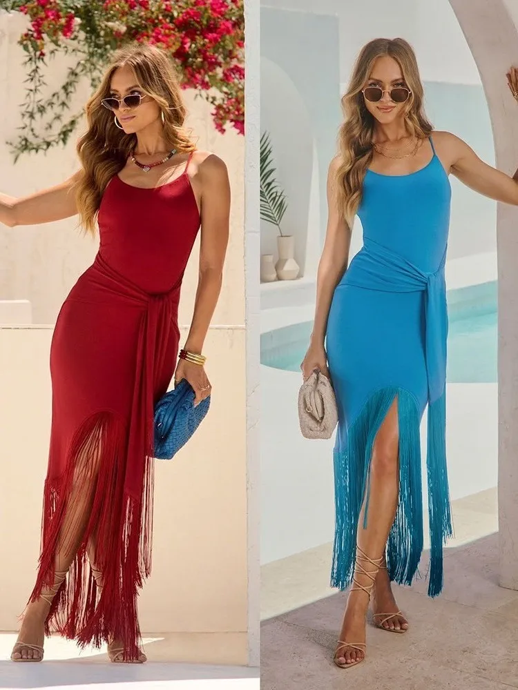 

Sexy Tassel Lace up Dr Women's mid Waist Irregular Skirt Svel round Ne Commute Sle No Brand Chinese Production