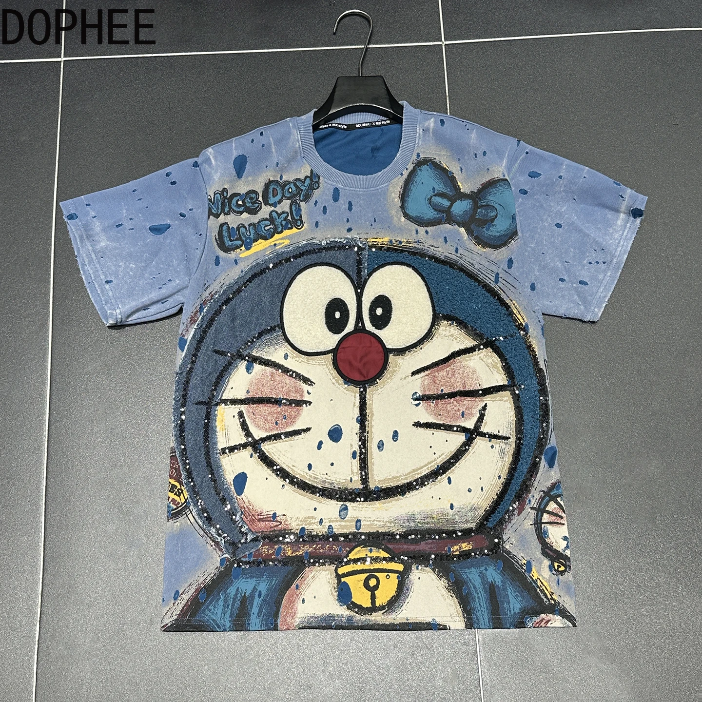 

Новая весенняя свободная женская футболка средней длины с коротким рукавом, универсальный пуловер с круглым вырезом и блестками, пуловер большого размера с мультяшным принтом