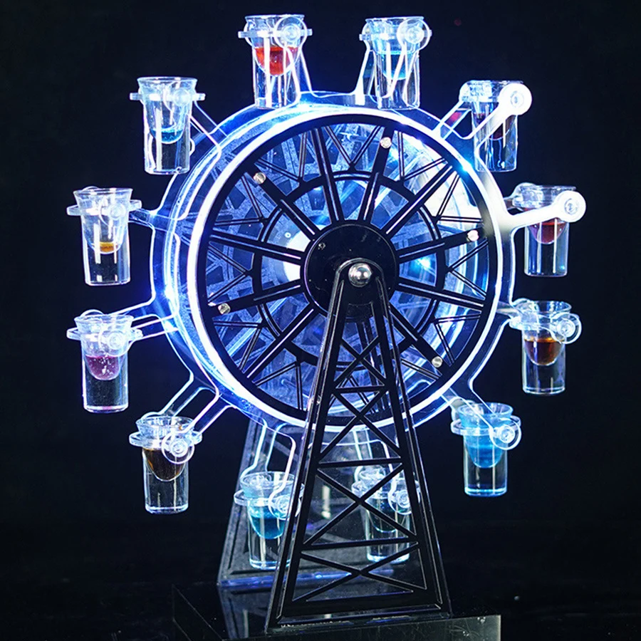 Rechargeable Acrylic LED Shot Glass Display Rack Luminous Ferris Wheel LED Cocktail Cup Holder Lighted up Serving Tray