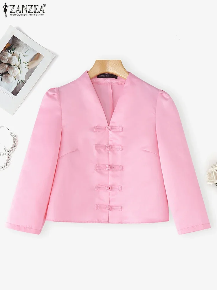 ZANZEA 2025 Elegant Women Satin Shirts Autumn Puff Sleeve Blouse Fashion V-Neck Button Up Solid Tunic Tops Casual Party Blusas