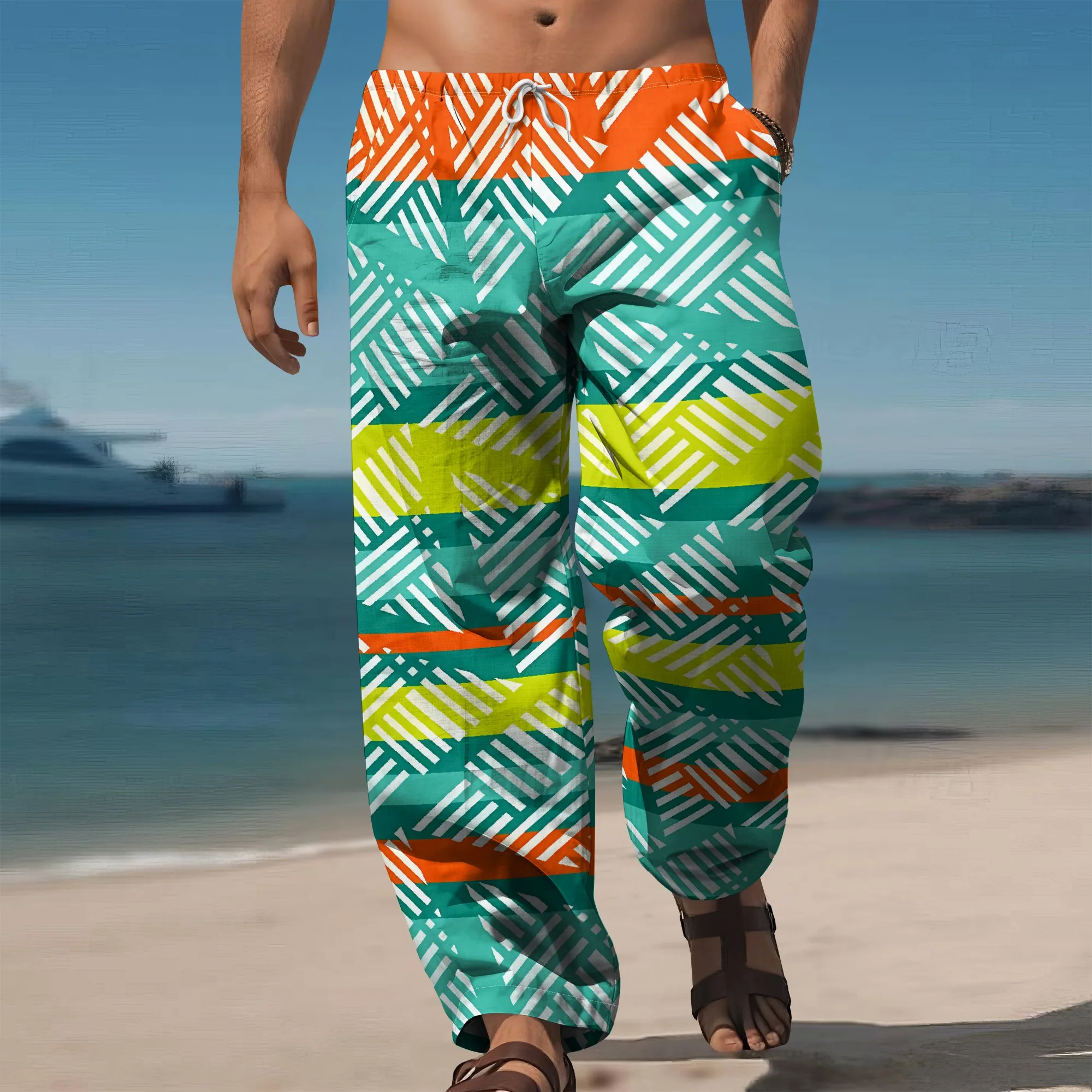 

YEAE Color Block Striped Print Pants for Men Summer Casual Trendy Bottoms