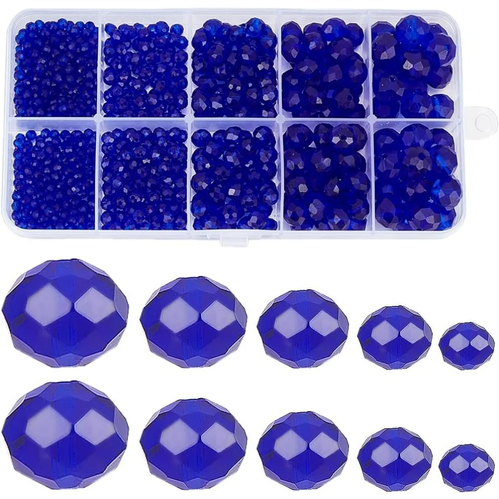 780Pcs 5 Sizes Blue Glass Beads Bulk Faceted Crystal Beads 2mm 4mm 6mm 8mm 10mm Rondelle Briolette Electroplate Loose making kit