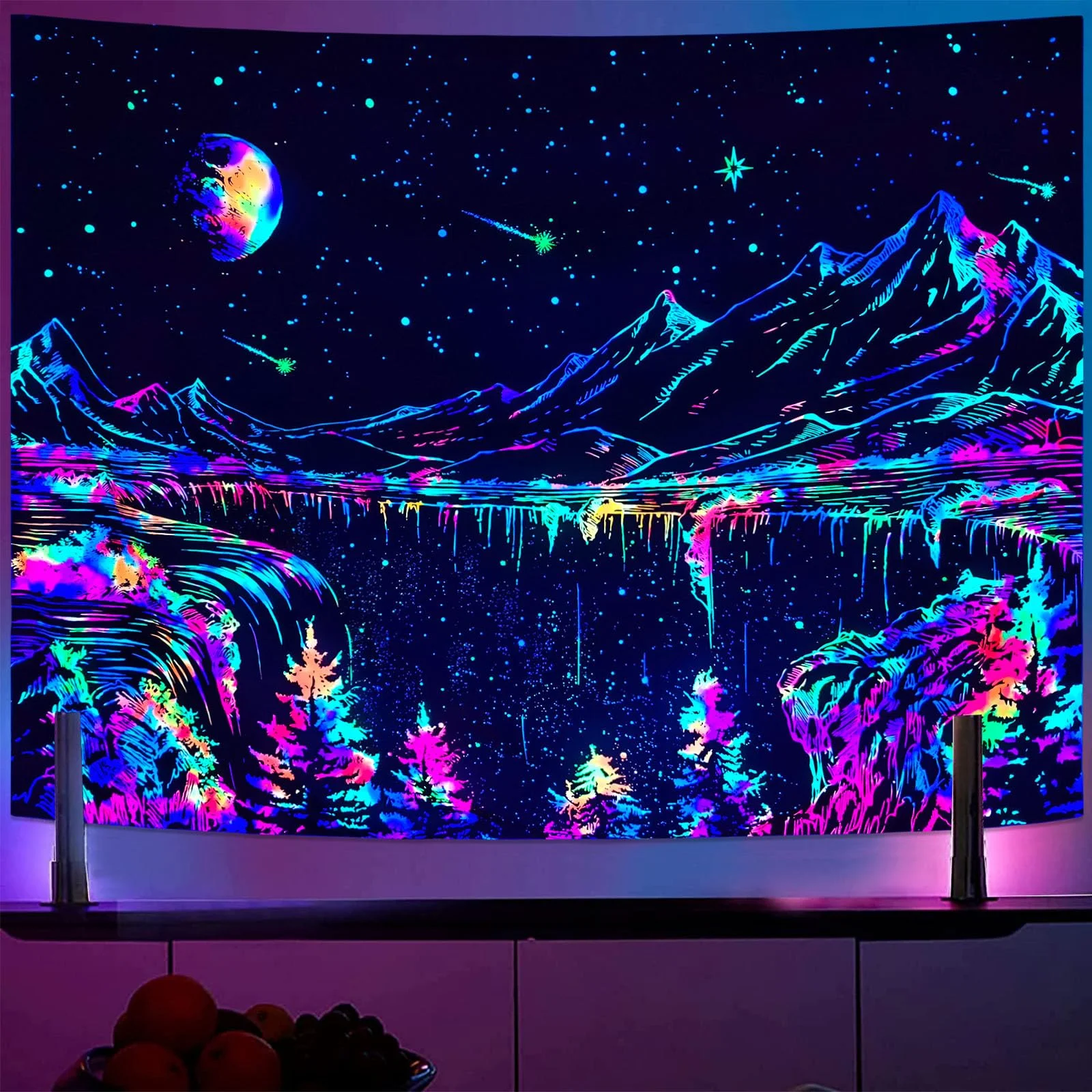 VIKAMA Fluorescent Starry Sky Waterfall Tapestry Psychedelic Forest Wall Hanging Living Room, Dormitory, Bedroom Home Decor
