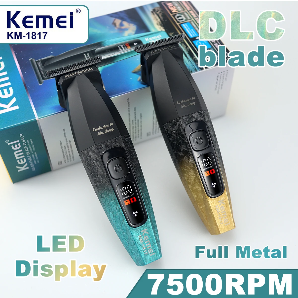 

Kemei KM-1817 Профессиональная машинка для стрижки волос для мужчин DLC Blade 7500RPM Цельнометаллический светодиодный дисплей Малошумный триммер Финишная машина