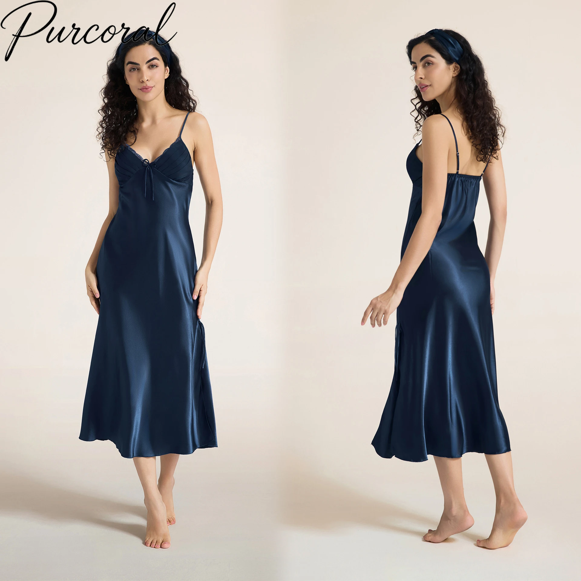 Purcoral 2026 Women Satin Slip Nightgown Lace Trim V-Neck Bow Decor Strap Midi Long Sleep Dress Ladies  Loungewear