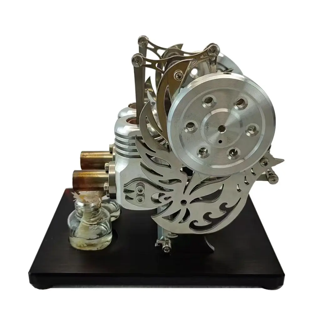 Metal cylinder Stirling engine generator with movable engine, miniature external combustion engine model, dual cylinder