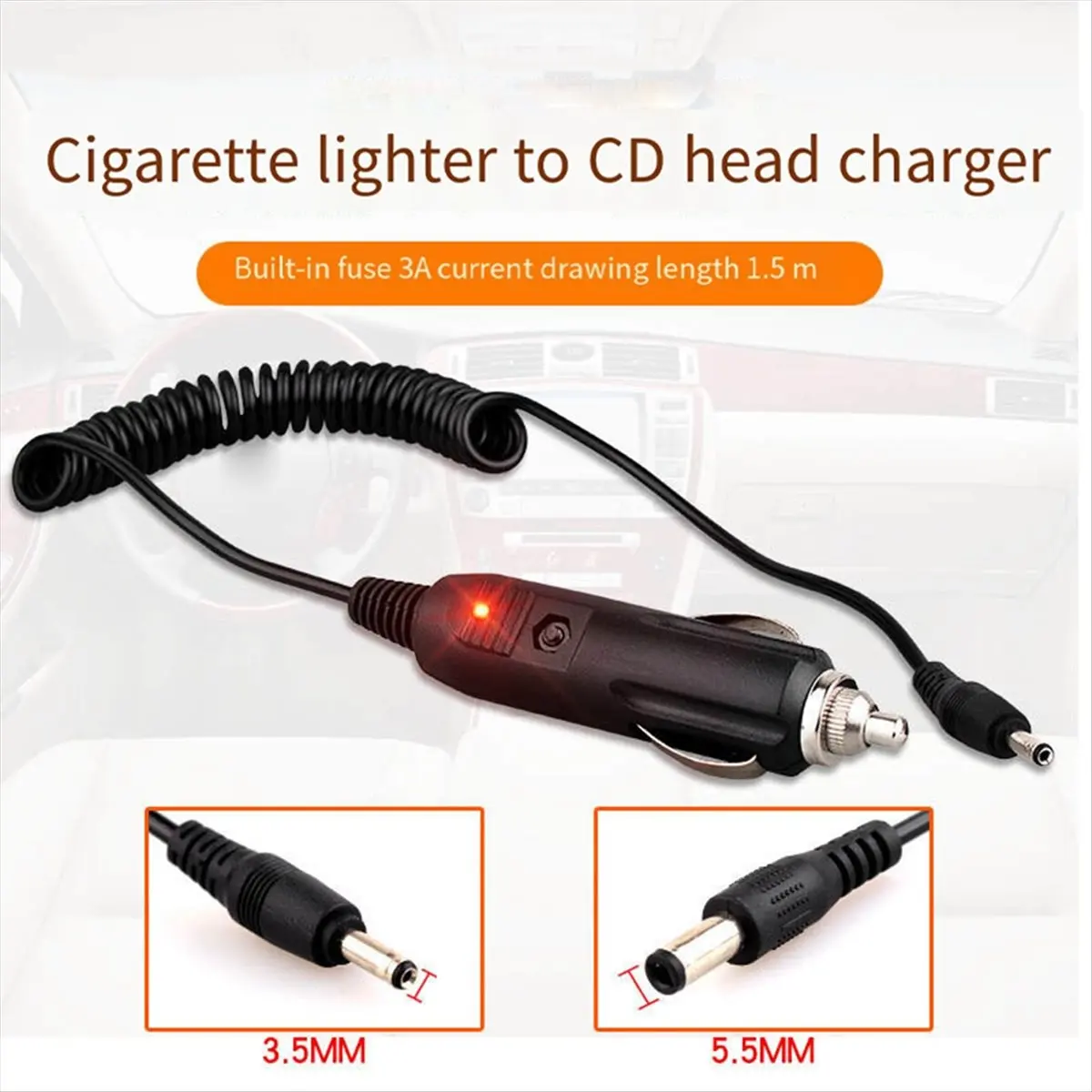 (A23G) DC 12V Car Charger Power Cable Universal 5.5X2.1Mm for Car Lighter Built-in 3A Fuse with Indicator Light