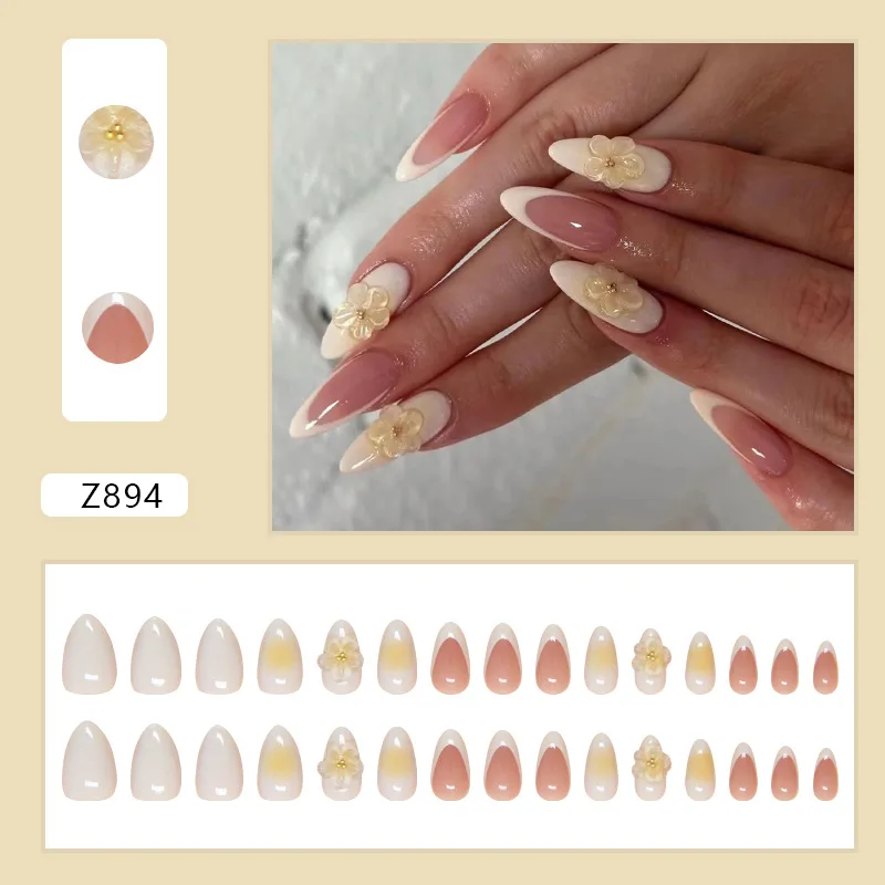 Prego falso com floral amarelo 3D, Stick destacável em unhas acrílicas, Pressione nas unhas, amêndoa, capa completa, 24pcs