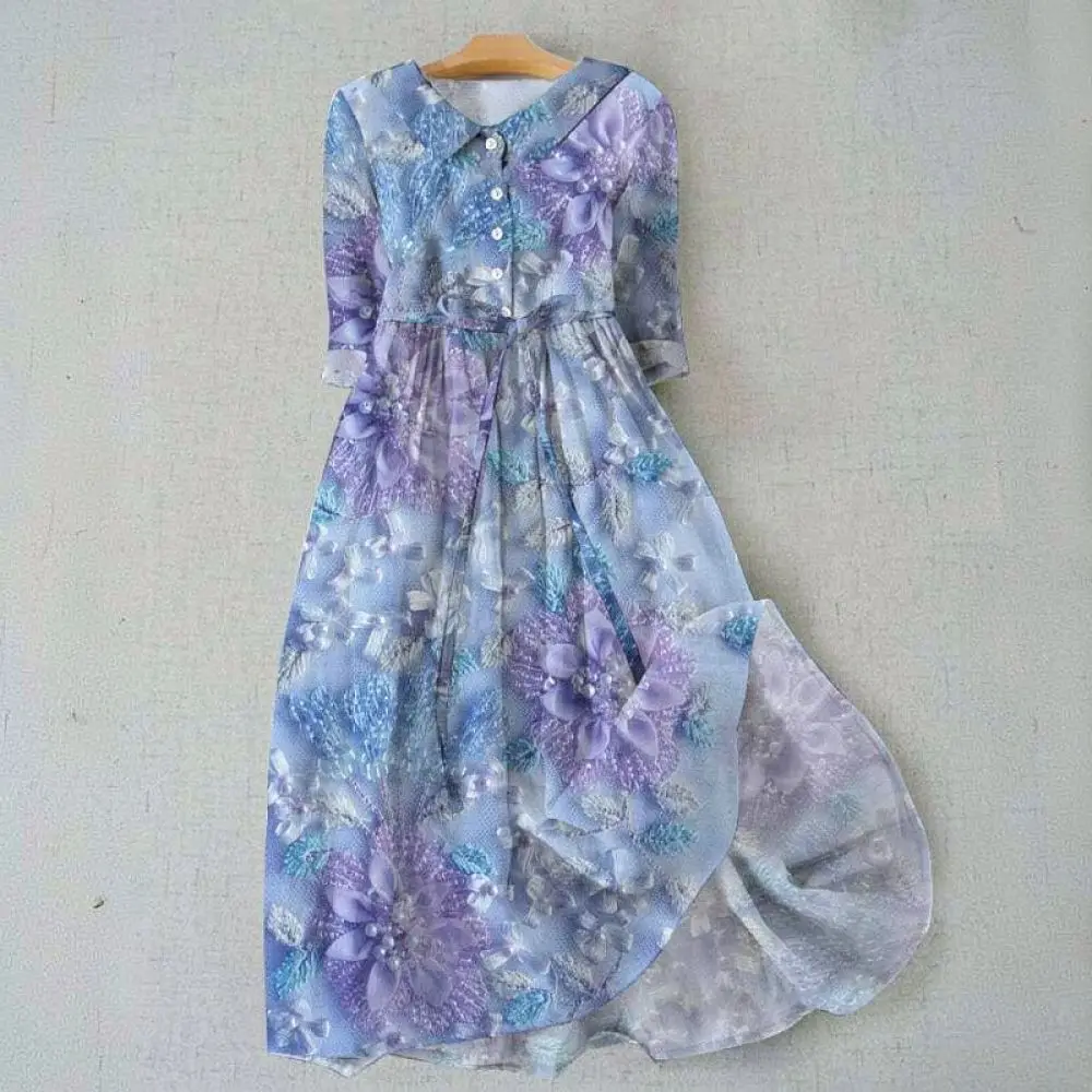Casual Bohemian Maxi Dress Women Summer Shirt Collar Printed Long Dresses Loose Fit Beach Vacation Party Sundress