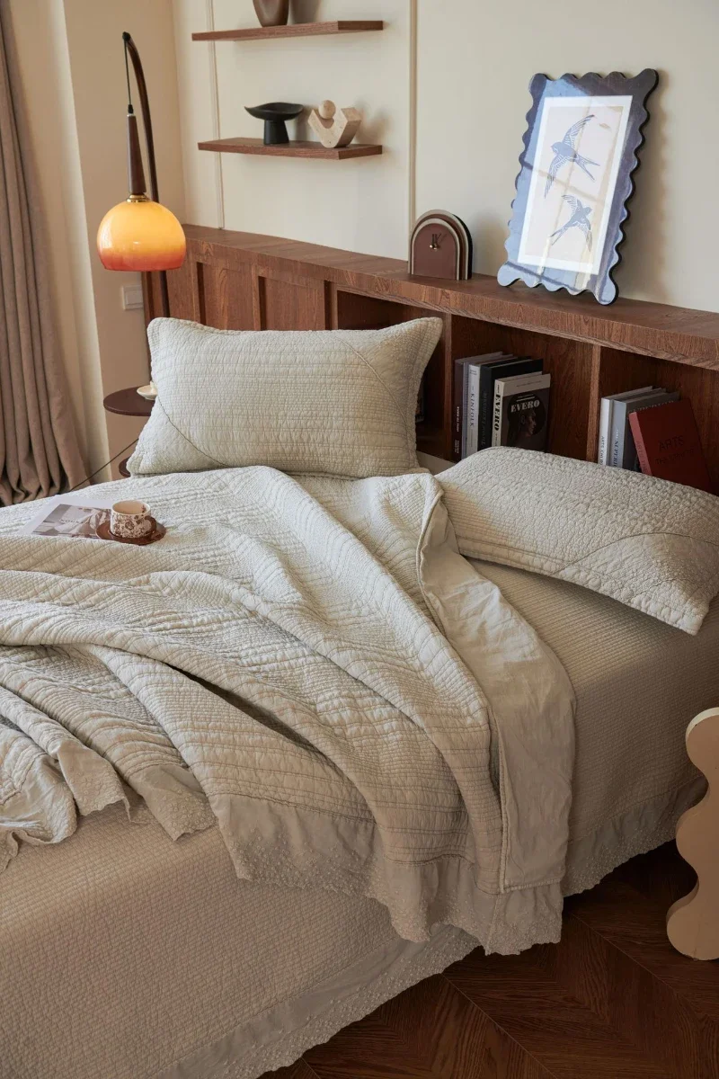 Elegant Lace Edge Quilt Bedspread Set Queen 3PCS 100% Cotton Sandwashing Summer Lightweight Quilted Blanket Comforter for Bed