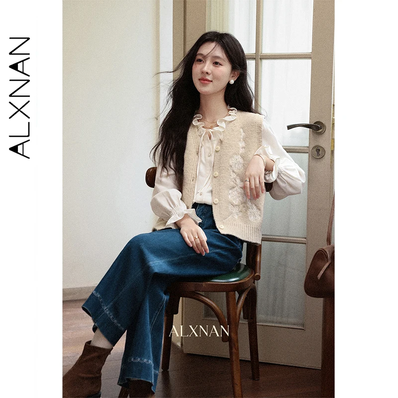 ALXNAN ヴィンテージブルージーンズストレートハイウエストワイドレッグコットンデニムジーンズ秋カジュアルオフィスレディだぶだぶパンツ女性 L57225