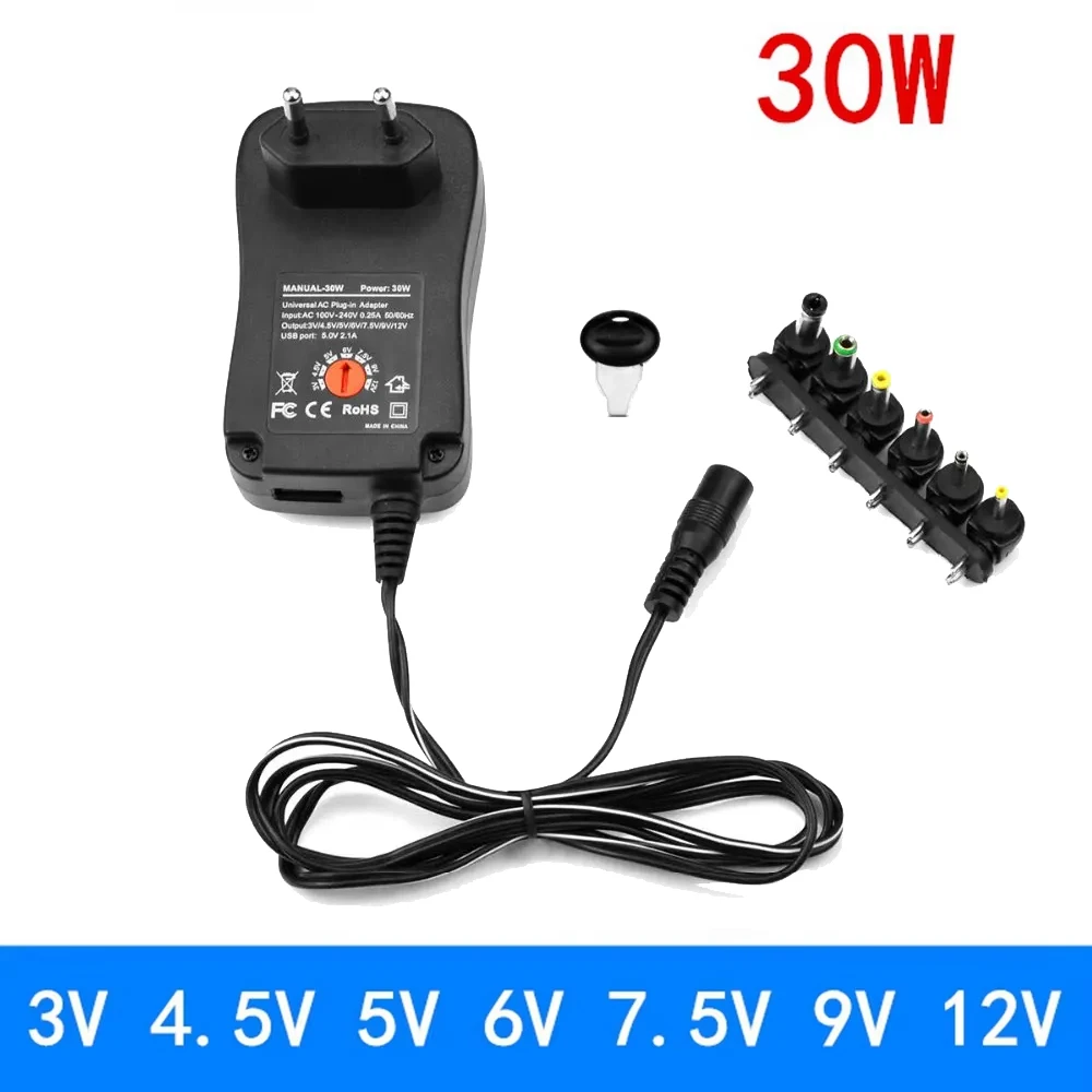 30w adaptador universal ue reino unido soquete 3v 4.5v 5v 6v 7.5v 9v 12v ac dc conversor com 6 peças conector jack 5v 2.1a carga de porta usb