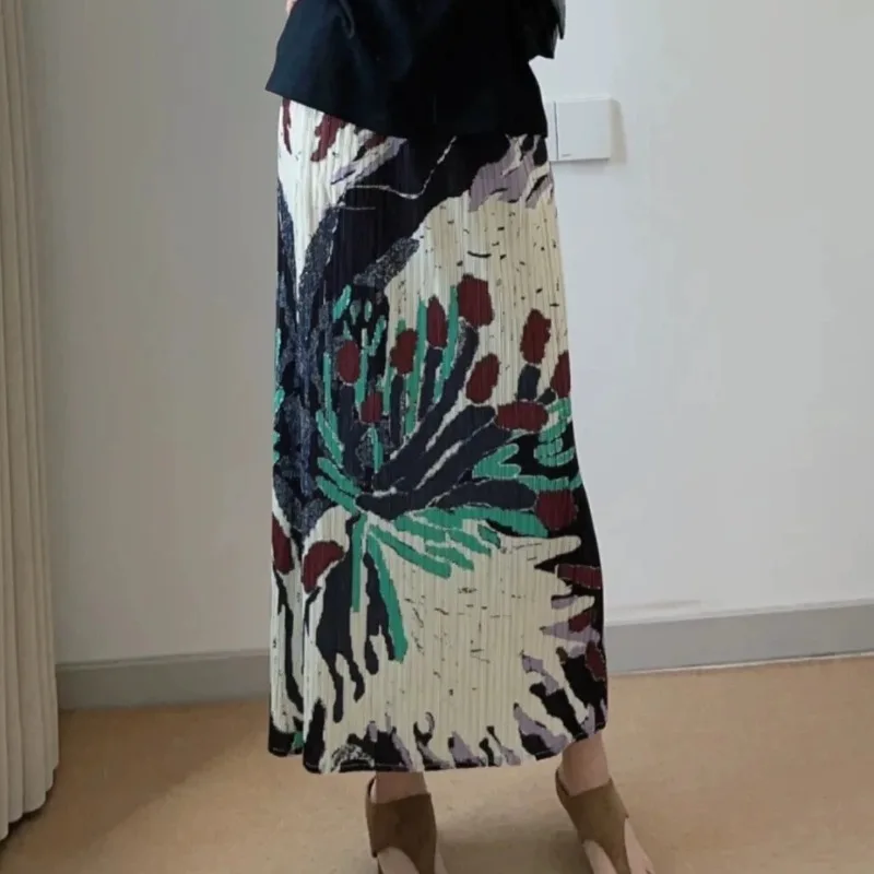 Miyake Pleated Printed Skirt Plisse 2026 Summer New Frost Flower Print Pleats Jupe Fashionable Design Pleated Skirt Vintage Slit