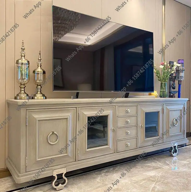 Modern simple TV cabinet American antique old champagne solid wood engraved metal foot TV cabinet