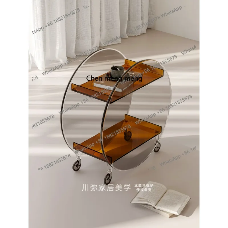 

Акриловая тележка, несколько подвижных полок по бокам дивана, можно использовать для домашнего журнального столика, круглое хранилище для закусок.