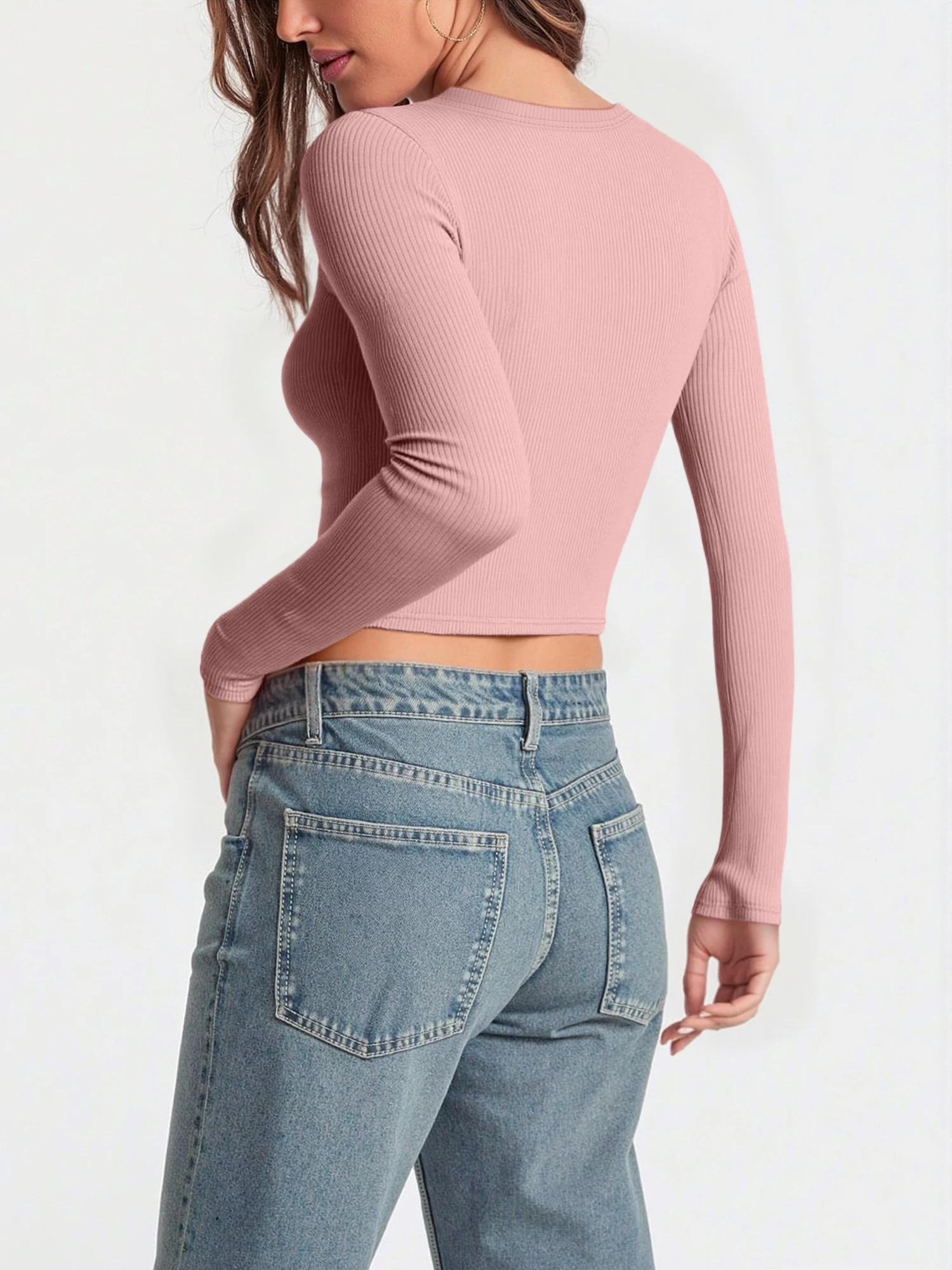 Vintage American Street Style Solid Ribbed Crop Long Sleeve Shirt Ladies Big U Neck Fitted Slim Party Clubwear Tops